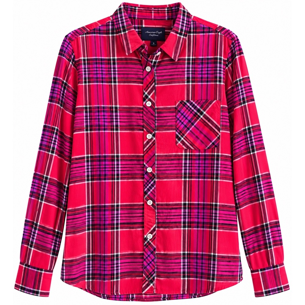 American Eagle Plaid Flannel Shirt Medium Pink Red Black Western Cowgirl